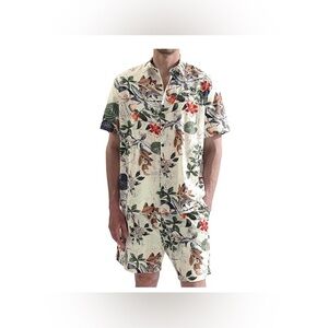 JOGAL Men's Flower Casual Button Down Short Sleeve Hawaiian Shirt & Shorts Set